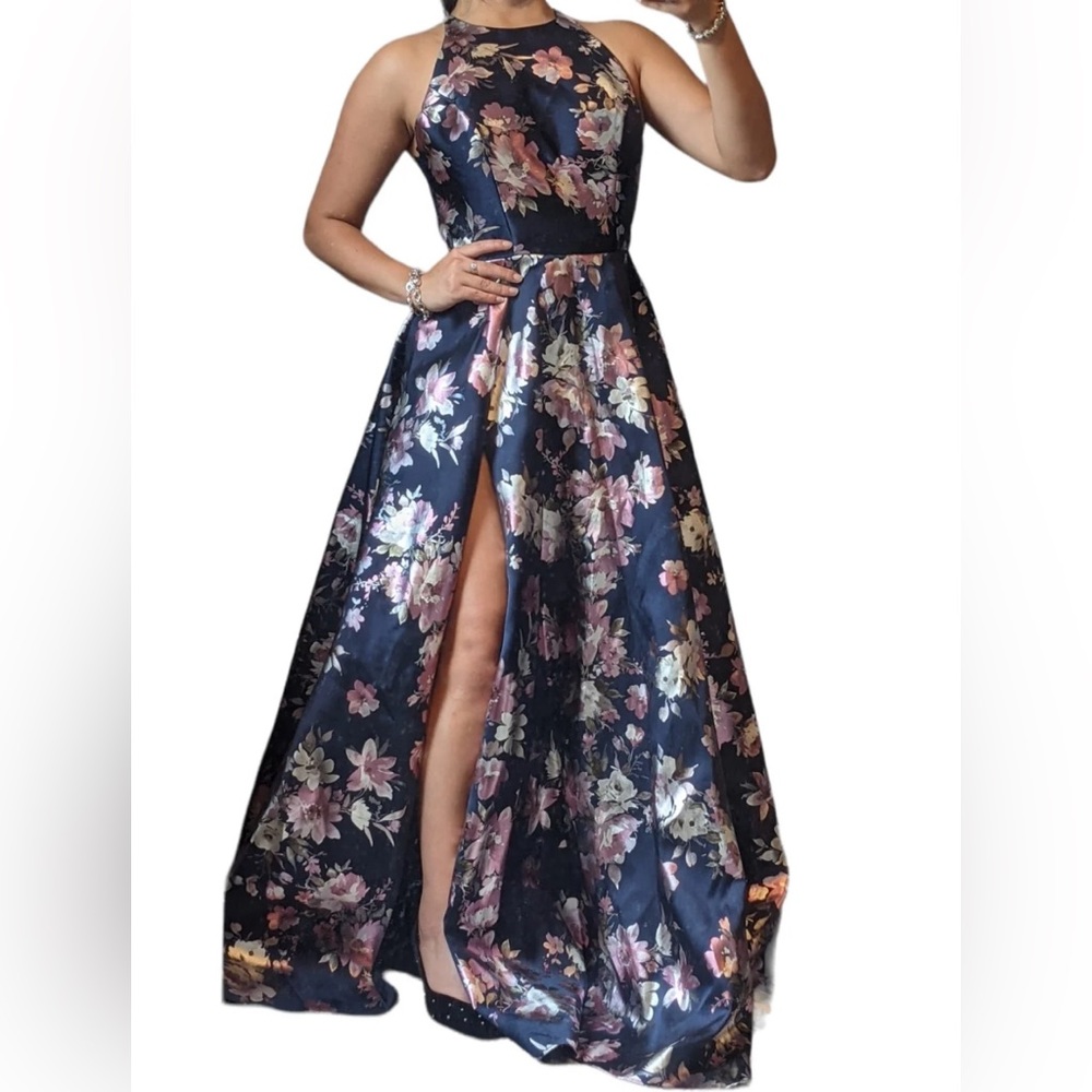 Flower print formal prom dress blue size 4